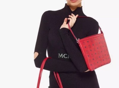 NEW MCM Red Visetos Leather Wristlet Clutch Shoulder Bag Pouch from Liz Shopper