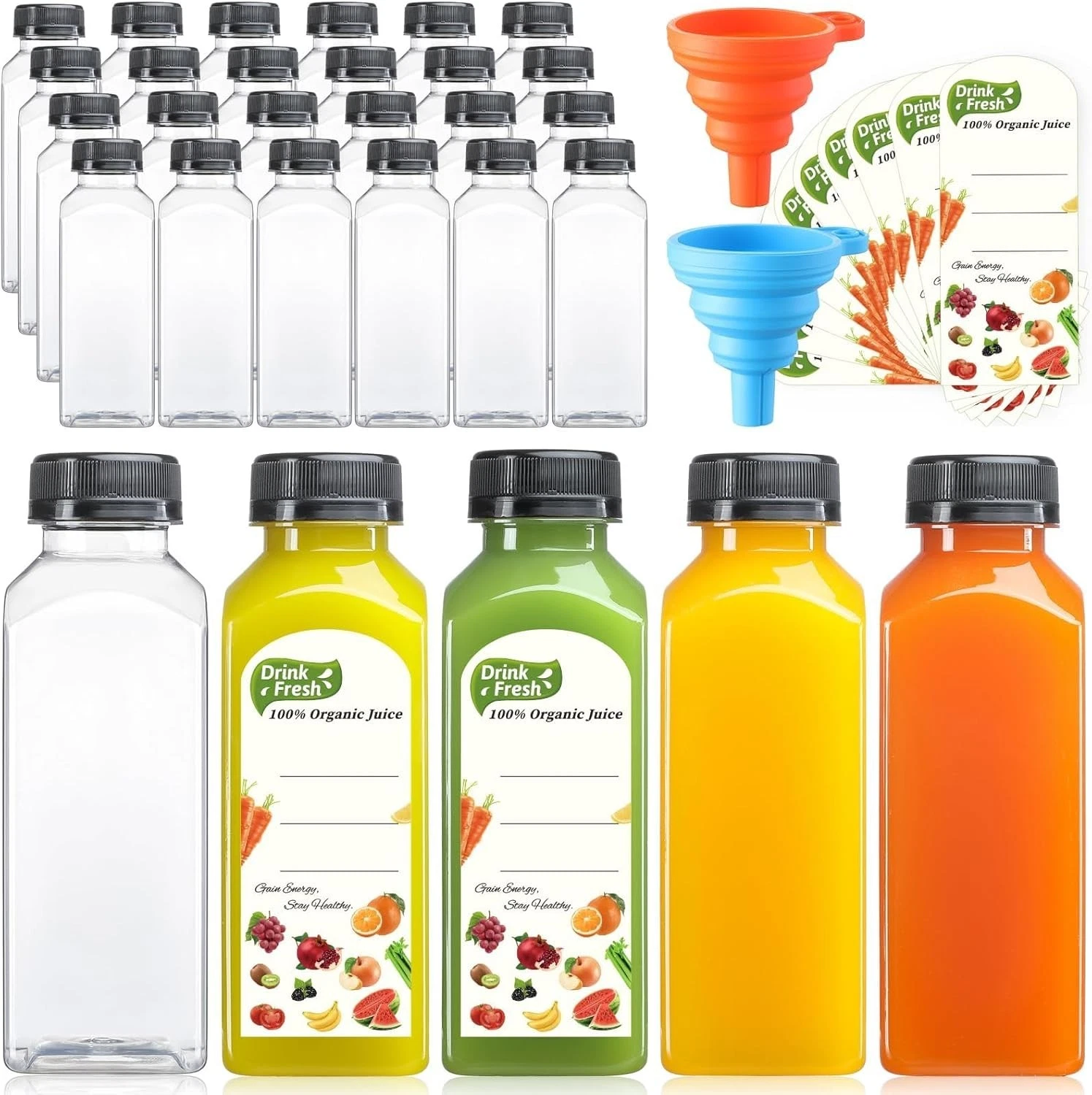 Reusable Plastic Juice Bottles 12 OZ Food Grade Leakproof with Caps and Labels