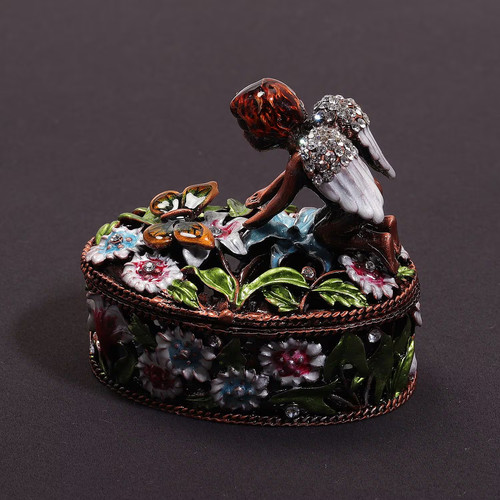 White Crystal Enameled Angle Trinket Box Storage Jewelry Box in Rosetone - Picture 2 of 6