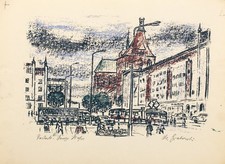 DDR Kunst - Max Grabowski Lithografie "Rostock - Lange Straße" um 1960