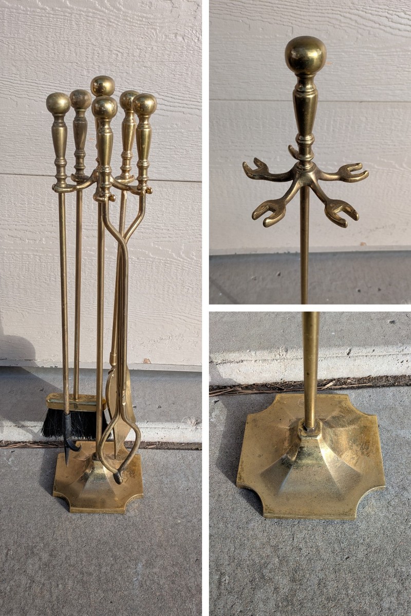 Vintage Art Deco Brass Fireplace Tools Set - 4 Tools + 1 Stand