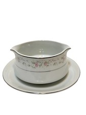 Vintage Maria Fine Porcelain China Rose Gravy Boat Attached Plate 8 x 3"