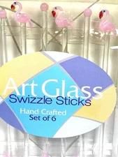 Handcrafted Art Glass Pink Flamingo Swizzle Sticks Cocktail Barware Set Of 6
