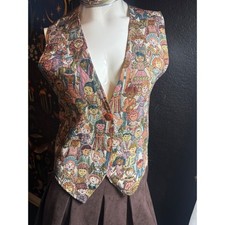 Facets by Mirrors Vintage Tapestry People Print Vest Medium Made in USA Brown