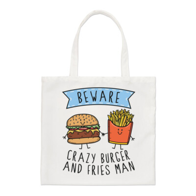Vorsicht Crazy Burger und Pommes Mann normale Tragetasche lustig Fast Food Chips Shopper