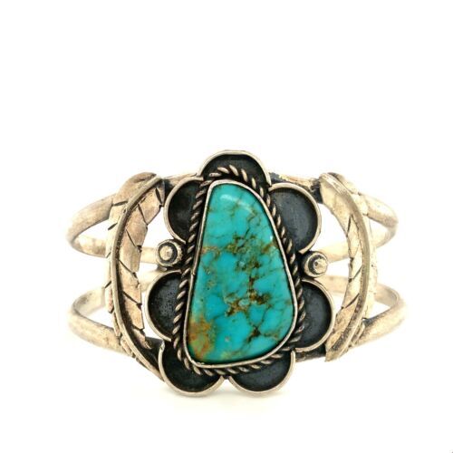 Vintage Sterling Signed LJ Navajo Natural Turquoise Stone Wide