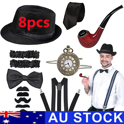 8Pcs Men 1920s Costume Accessories Set Gatsby Gangster