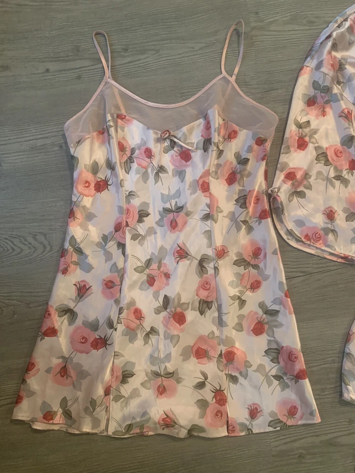 "Juego de camisón vintage Jaclyn Smith L Chemise rosa rosas bata peignoir sexy 36""" Foto 4 de 4