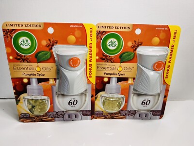 NEW Lot Of 2 Air Wick Pumpkin Spice Air Freshener Warmer & Refill Essential Oils
