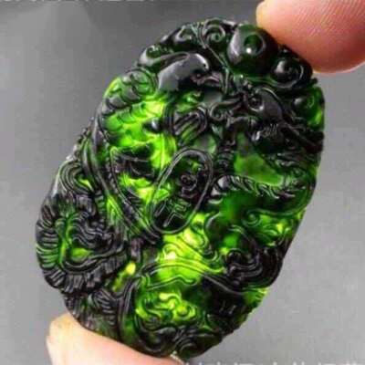 Lucky Charm: Hand Carved Black Jade Chinese Dragon Phoenix Necklace Jewelry