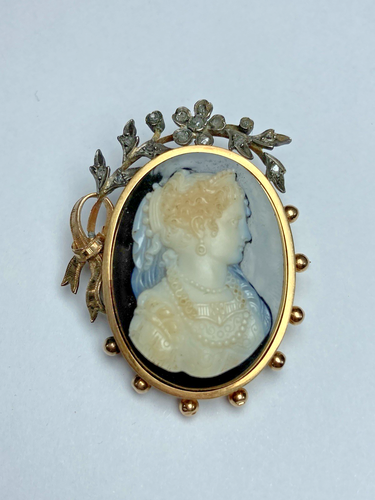 Broche en or 18 carats poinçon aigle Camée signé agate femme diadème XIXème - Picture 8 of 24