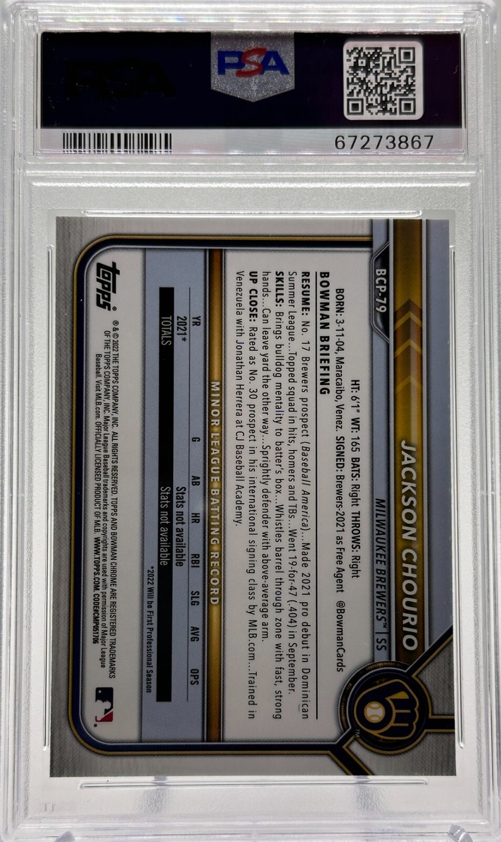 PSA 10 Jackson Chourio 2022 Bowman Chrome Prospect Rookie GEM MINT