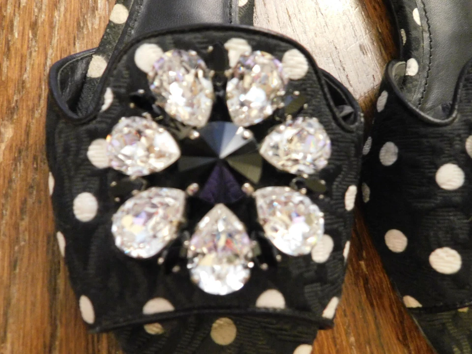 DOLCE & GABBANA Flower Crystals Brooch Slides Sandals Flats Black Polka Dot 36 - Image 4 of 4