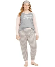 Jenni by Jennifer Moore 3-Pc Sleeping PJ & Mask Set Gray Simple Stripe Small
