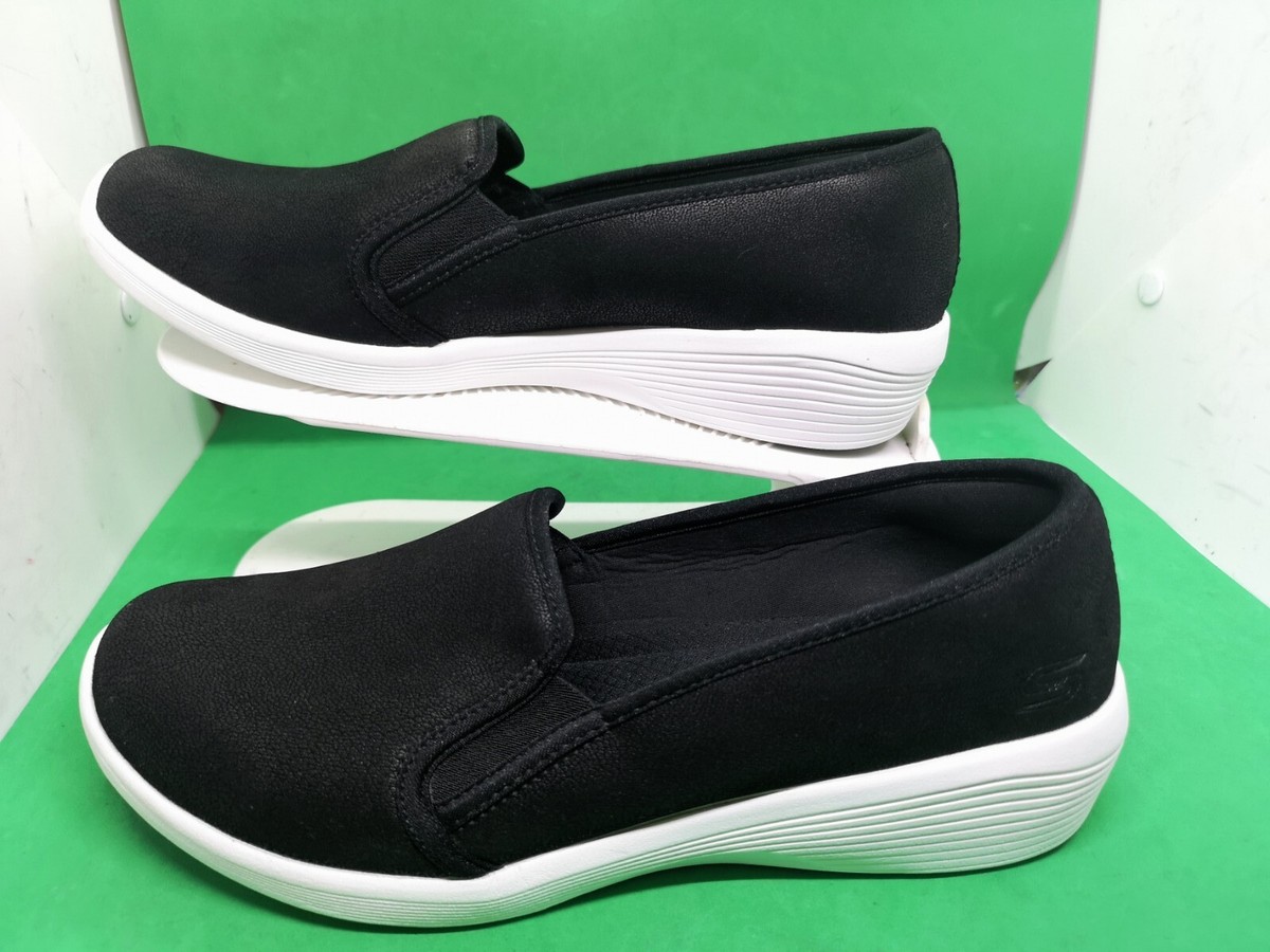 Skechers Arya-Sweet Things Black White Women Wedge Loafers Shoes