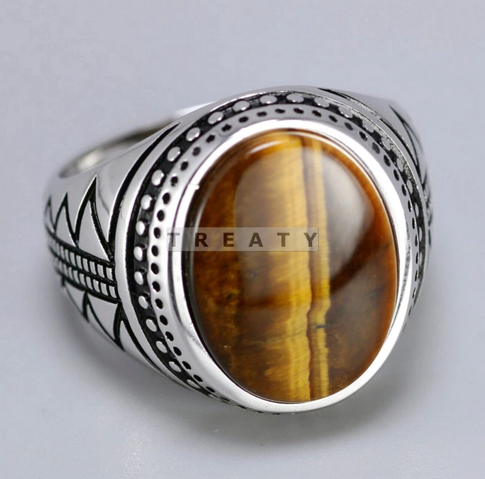 Piedra preciosa de corte ovalado ojo de tigre con anillo de plata de ley 925 para hombre #409 Foto 3 de 4