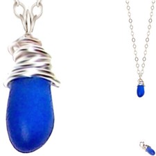USA Artisan SILVER wire-wrapped ROYAL sea glass Freeform non-tarnish Necklace