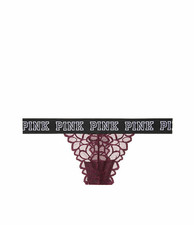 Victoria's Secret PINK Logo Elastic Lace Thong Panty Black Orchid