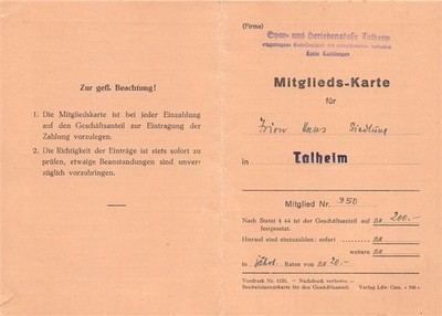 859496) Membership card of the savings and loan fund Talheim Krs. Tuttlingen 