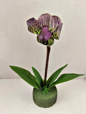 Mini Artificial Paphiopedilum Lady Slipper Orchid GREEN/BURGUNDY