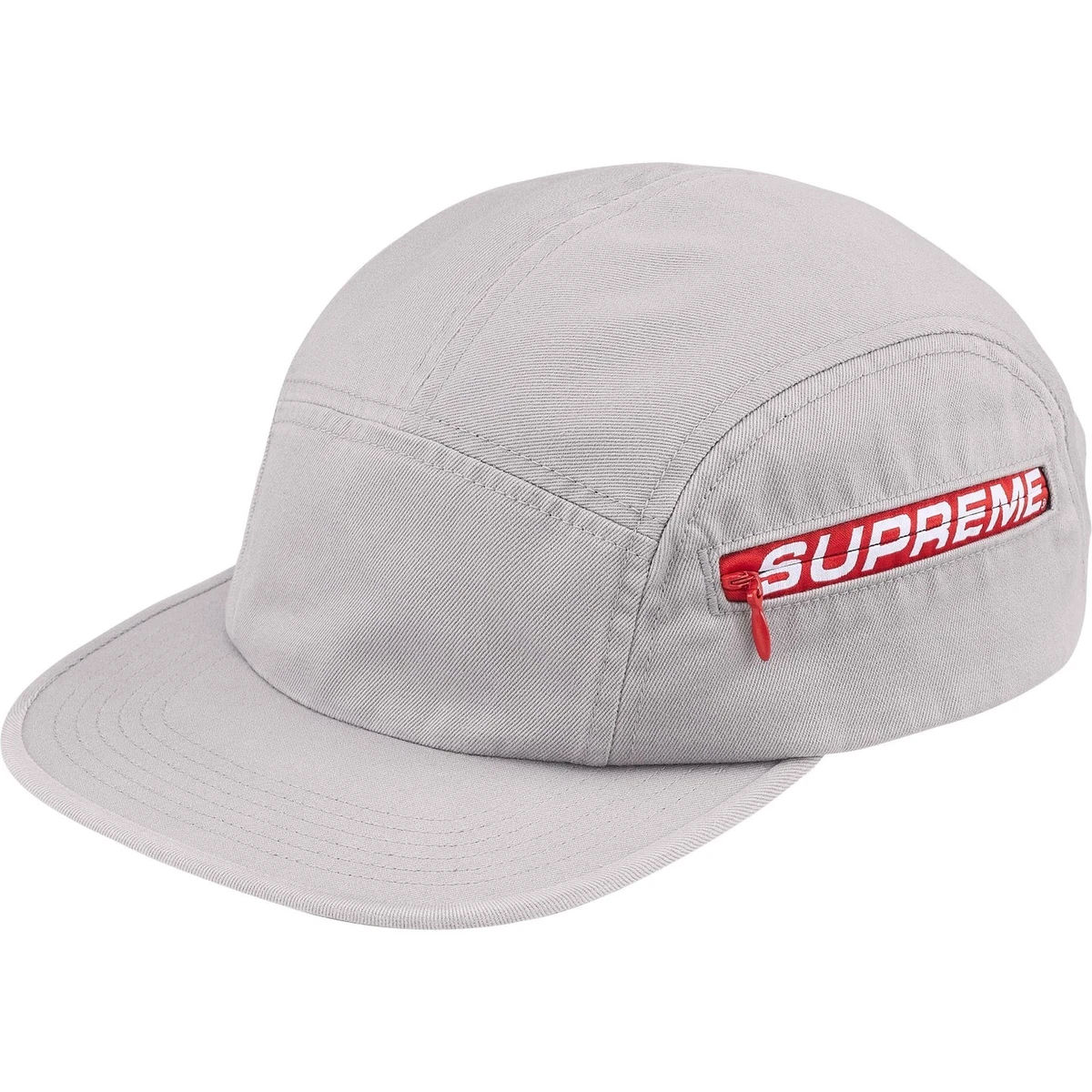 Supreme SS26 Side Zip Jacquard Logo Camp Cap Hat Grey Red One Size
