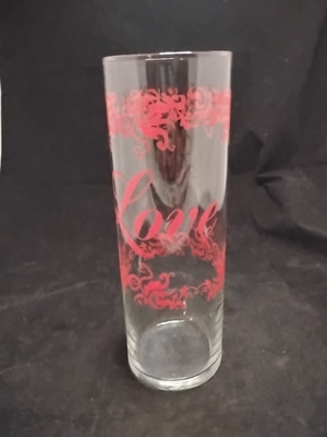 Red font LOVE Tall Cylinder Clear Glass Vase, 10 x 3.5  