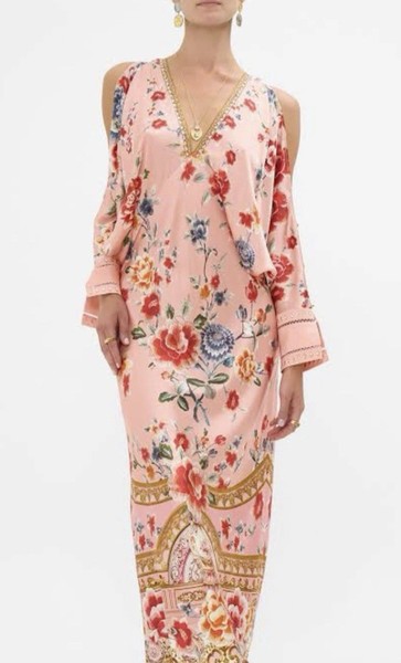 Camilla Silk Satin Floral Cold Shoulder Maxi Dress V-Neck Beaded Pink XL