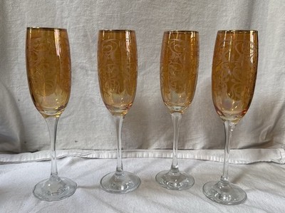 4 Mint Vintage Amber Glass Luster Wear Champagne Flutes Embossed Swirls Gold Rim