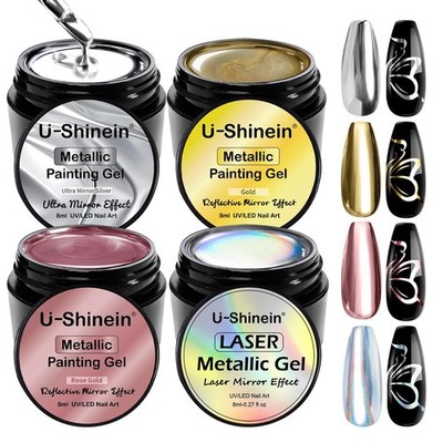 4x8ml Metallic Painting Gel, Super silver gold laser rose gold mirror, 3D Met...