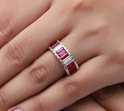 2.25 Ct Half Eternity Ring Emerald Cut Ruby Lab Grown Gemstone 14K Yellow Gold