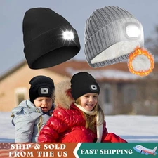 Winter Kids LED Light Beanie Hat USB Rechargeable Headlamp Cap for Boys Girls