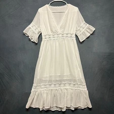 Lace Sheer Midi Dress Womens Small Eyelet Crochet Cottage Fairy Bell Sleeves