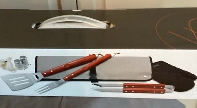 WOLFGANG PUCK APRON BBQ TOOL SET new in original box 7 piece set Wooden Handles