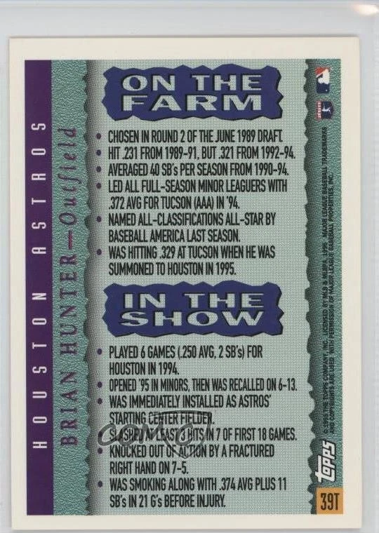 1995 Topps Traded & Rookies Rookie of the Year Candidate Brian Hunter #39T - Image 2 of 2