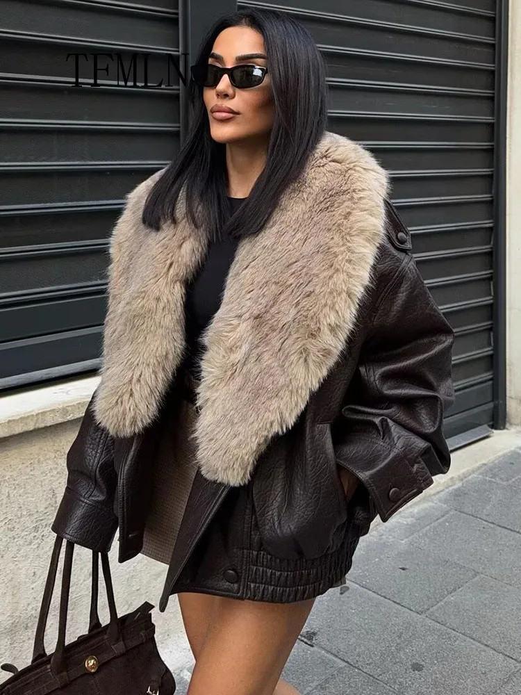 Winter Women Loose Faux Leather Jacket Fashion Collar Causal Coat High Street