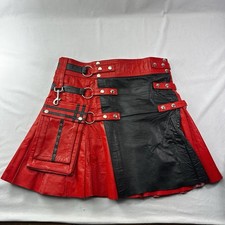 Handmade Leather Utility Plated Kilt Skirt Mens Gothic Cargo XL 36 Black Red