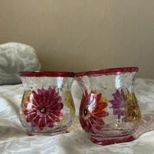 Yankee candle vintage 2 crackle glass votive tea light pink & orange flower