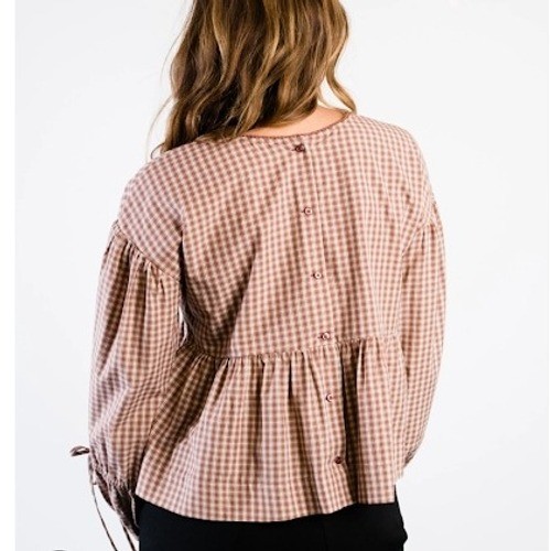 ABLE Skylar Swing Top Nutmeg 100% Cotton Gingham Button Peasant Sleeve S NEW