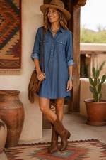 LOFT Womens XS Chambray Shirtdress Blue Denim Look Roll Tab Sleeves Cotton Silk