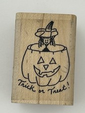 AIPs Pumpkin Trick or Treat Witch D-2262 Halloween Wood Mount Rubber Stamp