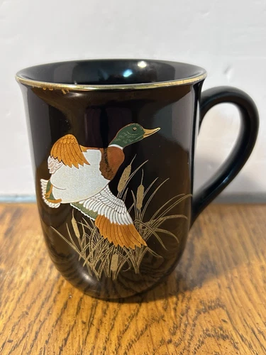 Vintage Mallard Duck Coffee Mug Black Gold Trim Tea Cup Otagiri Japan Gibson