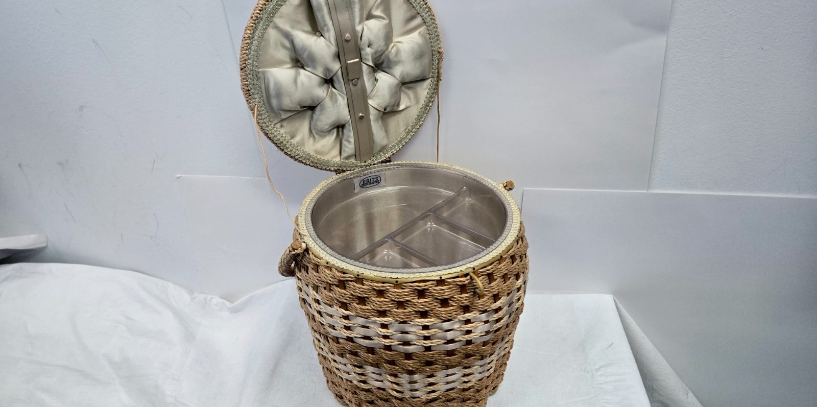 Vintage Dritz Large Round MCM Sewing Basket Woven Wicker Organizer Tray