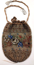 Vintage Beaded Drawstring Bag Purse Reticule Floral c1850s 8" Handmade