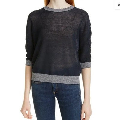 Veronica Beard Celia Crewneck Sweater Navy Blue Linen Blend Sheer Size M