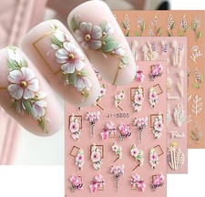 3D Embossed Flower Leaves Nail Art Stickers Decals 4 Sheets 5D Self-Adhesive ...