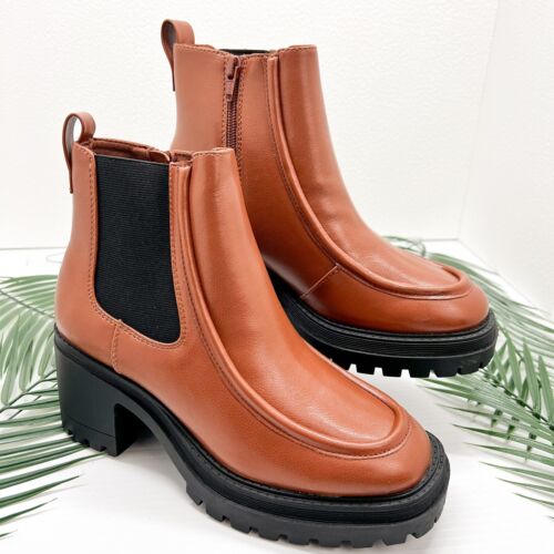 SO Women's Chelsea Side Zip Chunky Heeled Ankle Boots Size 7.5 Brown NWB