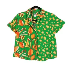 Tabitha Brown Target Linen Blend Button Up Top Small Green Citrus Botanical