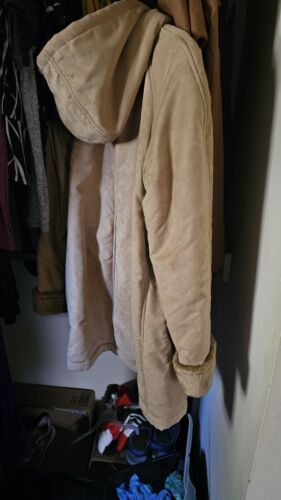 Cappotto donna Liz Claiborne abbottonato taglia L pelliccia KHAKI marrone chiaro FAUX CAPPUCCIO DESIGNER - Foto 8 di 8
