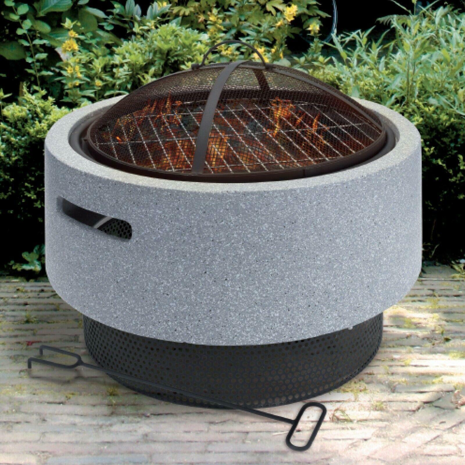 Grey Faux Concrete Effect Round Fire Pit MgO BBQ Rack Grill Bowl for Garden
