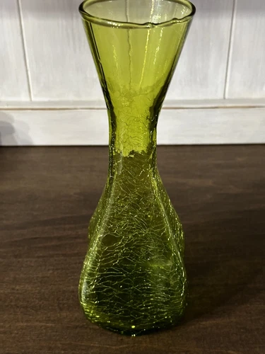 Vintage Rare Blenko crackle glass vase w/ square style base green MCM
